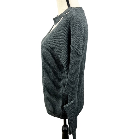 Charcoal Gray Choker Collar Sweater Open Elbows V-Neck Wool Blend Small - Picture 7 of 11